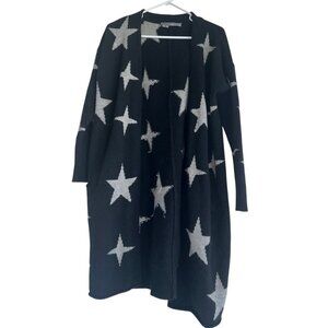 360 Sweater Womens Cashmere & Wool Duster Cardigan Sz S Black Gray Star Open